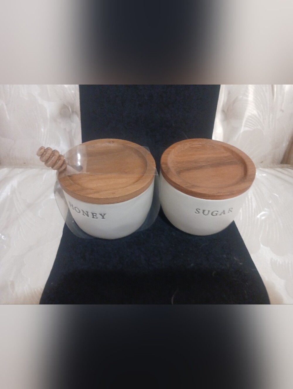 Heath And Hand Ceramic Sugar & Honey Canisters with Wooden Lids - Picture 3 of 7